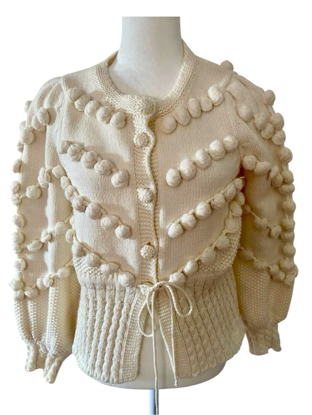 Vita Grace Ivory Bobble Knit Cardigan Tie Waist Puff Sleeve 100% Cotton M